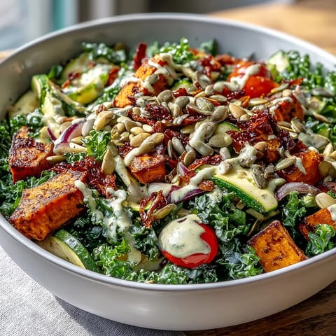 Vibrant Kale Salad Bowl with roasted sweet potatoes and creamy tahini dressing.