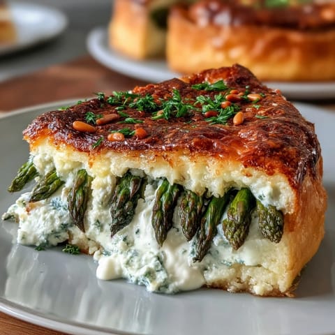 Golden puff pastry tart topped with fresh asparagus spears, creamy cheese, and herbs, perfect for a spring appetizer or light meal.