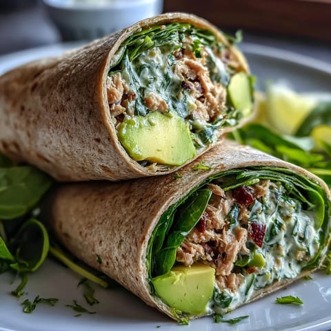 Fresh avocado and tuna wraps filled with spinach, rolled in whole wheat tortillas for a healthy, quick meal.