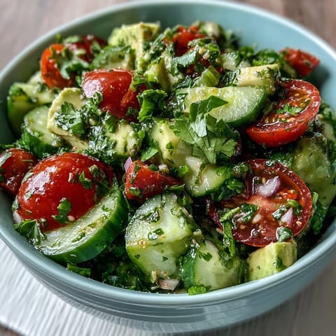 Vibrant cucumber tomato avocado salad with lemon dressing, perfect for a light lunch or healthy side dish.