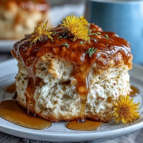 Spring brunch dandelion honey scones with clotted cream, golden and flaky, drizzled with honey and sprinkled with bright yellow petals.