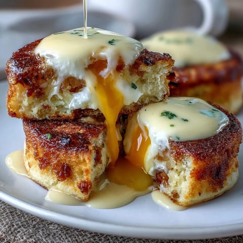 Classic Eggs Benedict with Hollandaise sauce, featuring perfectly poached eggs and Canadian bacon atop toasted English muffins for a luxurious brunch.