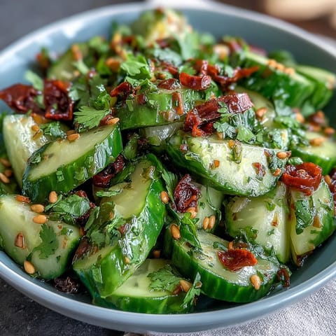 Crispy smashed cucumbers tossed with vibrant garlic chili oil and sesame dressing, perfect for a refreshing vegan appetizer.  