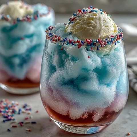 Cotton candy lemonade float with scoops of vanilla ice cream, colorful sprinkles, and fresh mint garnish.