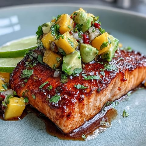 Baked salmon fillets topped with vibrant mango avocado salsa, a refreshing and healthy summer dinner.  