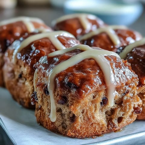Warm Hot Cross Buns with fragrant orange glaze, currants peeking through, served fresh from the oven on a rustic tray.  