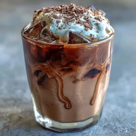 Velvety chocolate cream floats atop chilled cold brew coffee in a tall glass, garnished with chocolate syrup drizzle.