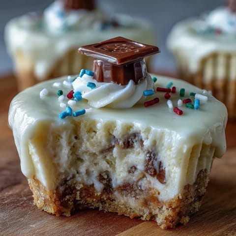 Miniature graduation cheesecakes with smooth filling and golden crust, garnished with fresh berries and mini chocolate caps for a celebratory dessert.