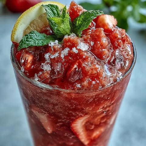 A frosty, vibrant frozen strawberry lemonade slushie in a clear glass, topped with fresh mint and lemon slices.
