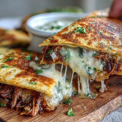 Crispy beef birria quesadillas with melted cheese, served alongside a savory consommé dip for a festive Cinco de Mayo meal.