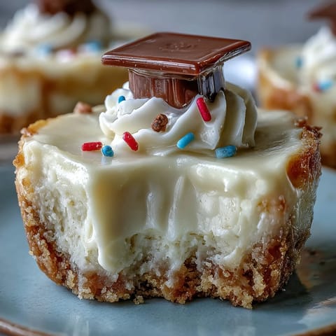 A tray of creamy, bite-sized cheesecakes on buttery graham cracker crusts, topped with whipped cream and festive sprinkles for graduation.