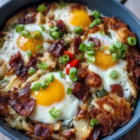 Hearty Father's Day breakfast hash brown skillet with bacon, peppers, and onions.