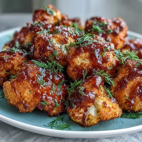 Glossy, smoky vegan BBQ cauliflower wings served with a cool, creamy ranch dip.