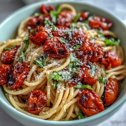 Juicy confit cherry tomatoes burst with sweet garlic flavor on al dente pasta.