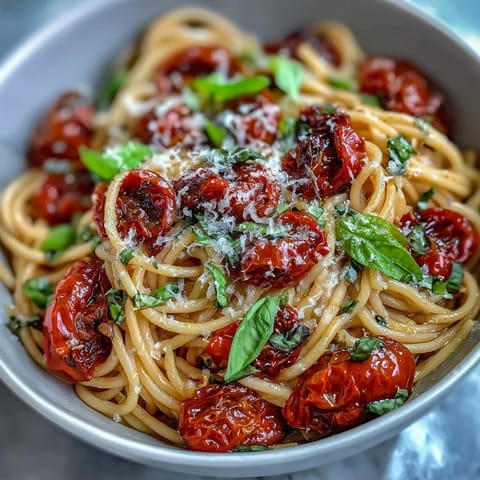 Rustic cherry tomato confit pasta dish, bathed in fragrant garlic oil, ready to serve.