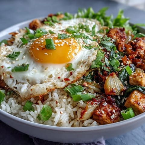 Vibrant mixed fried rice bowl featuring tangy kimchi, fresh vegetables, and a perfectly cooked egg.