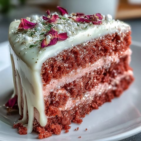 Decadent pink velvet cake with rosé infusion, looking perfect for a celebration.