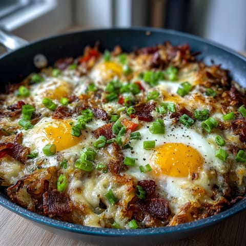 Loaded hash brown skillet with crispy edges, melty cheese, and runny eggs.