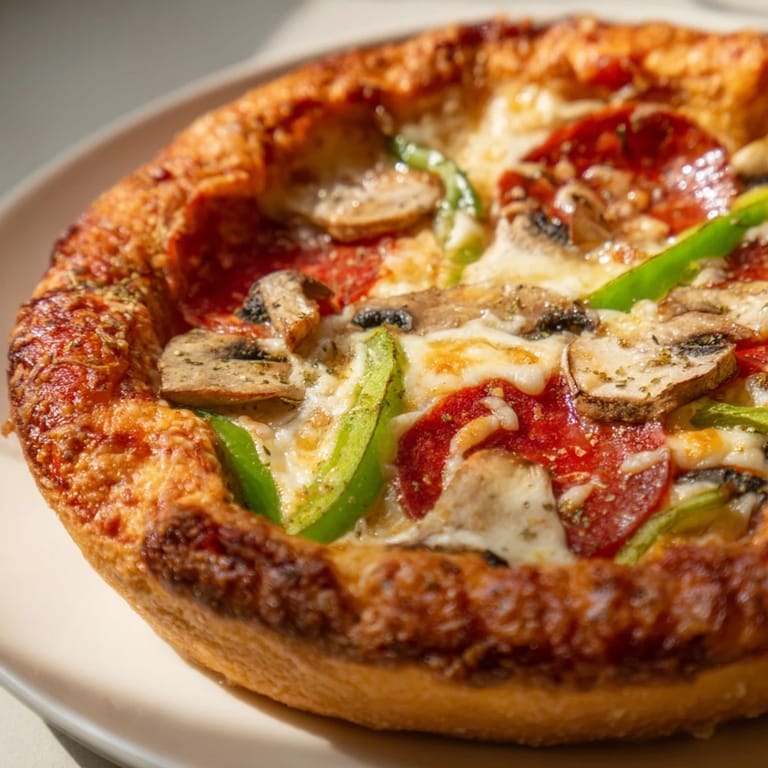 A slice of Stuffed Crust Pizza on a white plate, showcasing rich tomato sauce and gooey cheese.
