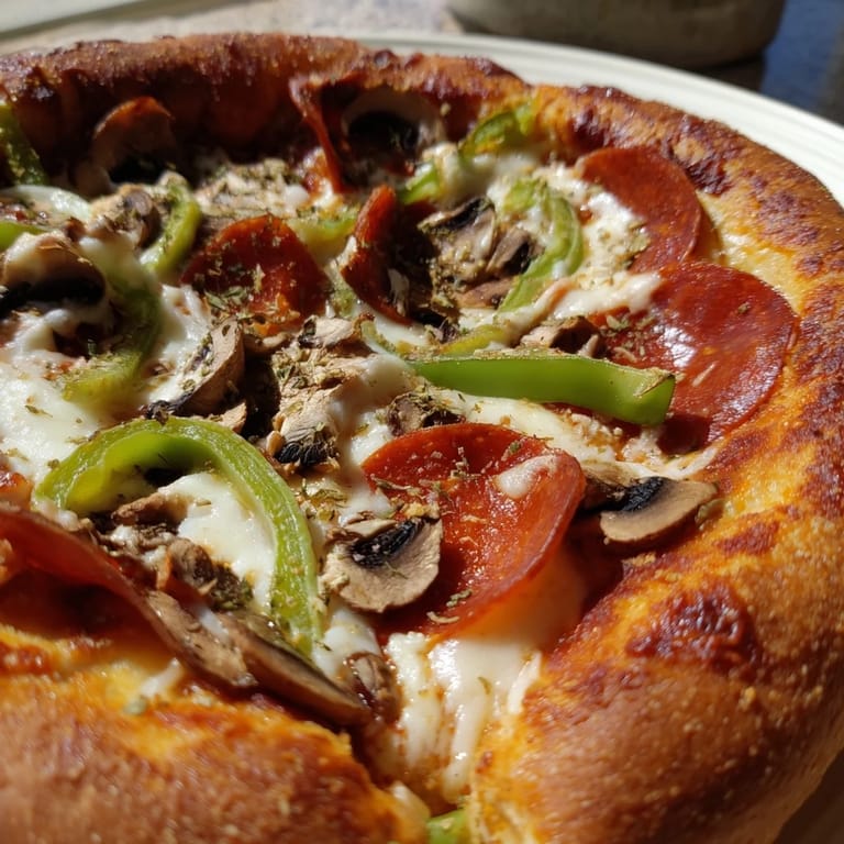 Close-up of Stuffed Crust Pizza with a hand grabbing a cheesy slice, served with a side of marinara.