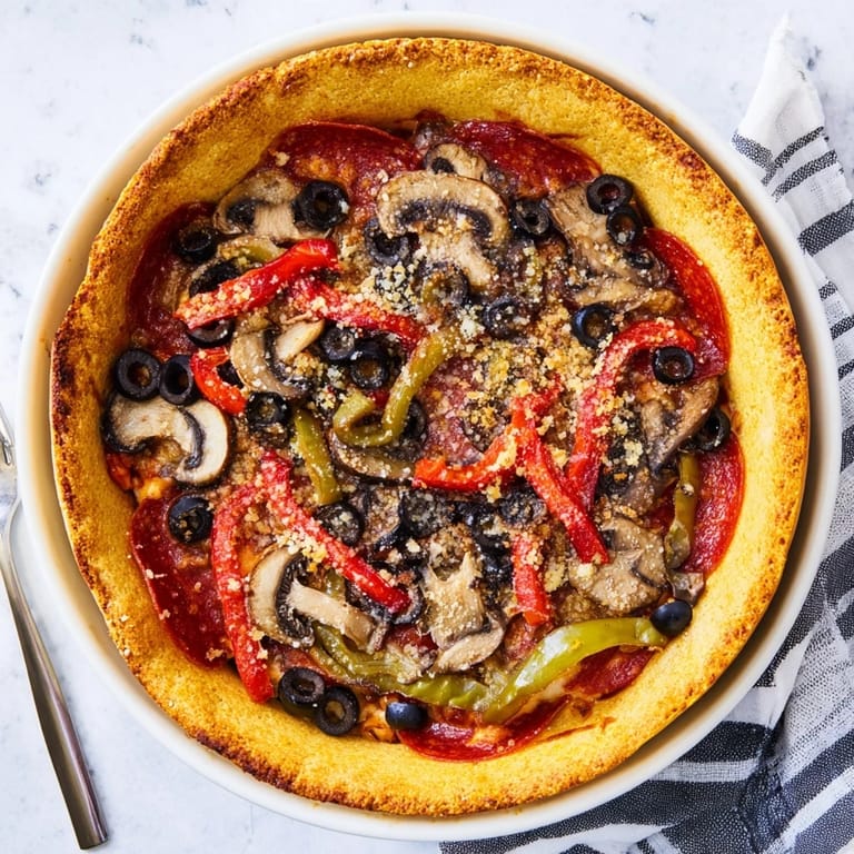 Thick Chicago-style Deep Dish Pizza shows bubbling cheese, vibrant bell peppers, and pepperoni after oven baking.