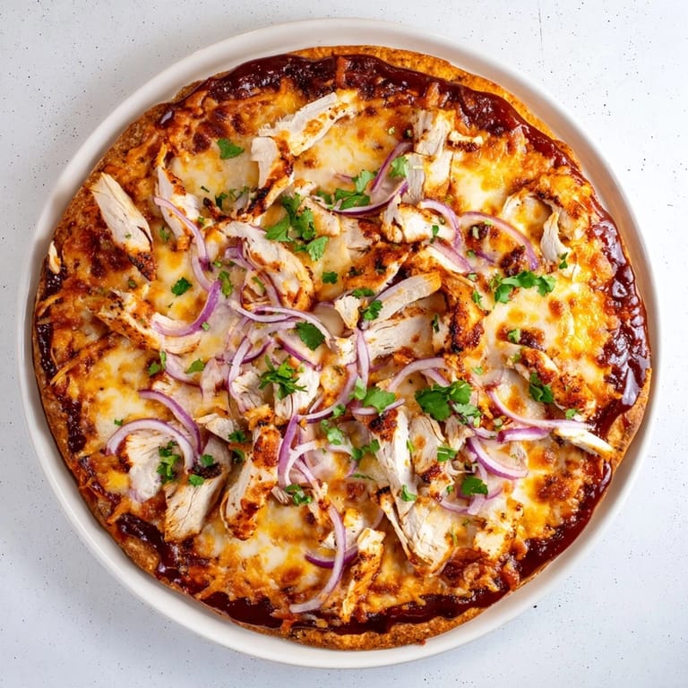 A close-up view of Chicken BBQ Pizza topped with fresh cilantro and red onion slices, served hot alongside a cold lager.