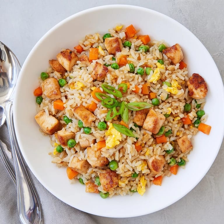 Fork-ready Chicken Fried Rice with diced chicken, peas, carrots, and scallions, perfect for a quick dinner.