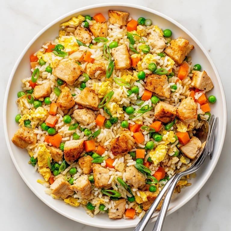A close-up of aromatic Chicken Fried Rice, steaming and garnished with fresh green onions for color.