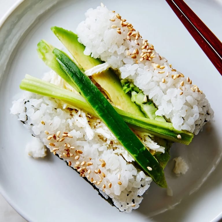 A close-up of a California Roll reveals colorful crab, avocado, and cucumber filling wrapped in nori and seasoned rice.