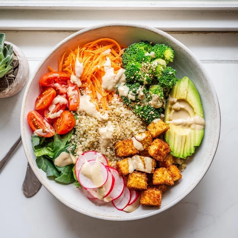 Colorful Buddha Bowl topped with juicy chicken, crisp vegetables, and toasted sesame seeds, served in a ceramic bowl.