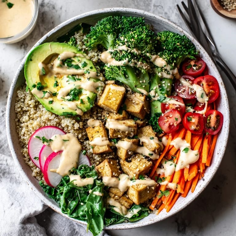 Freshly assembled Buddha Bowl featuring quinoa, carrots, pickled onions, and herbs with a generous drizzle of tahini sauce.