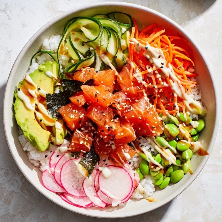 This deconstructed sushi bowl features marinated fish, edamame, and fresh vegetables drizzled with spicy mayo and sesame seeds.