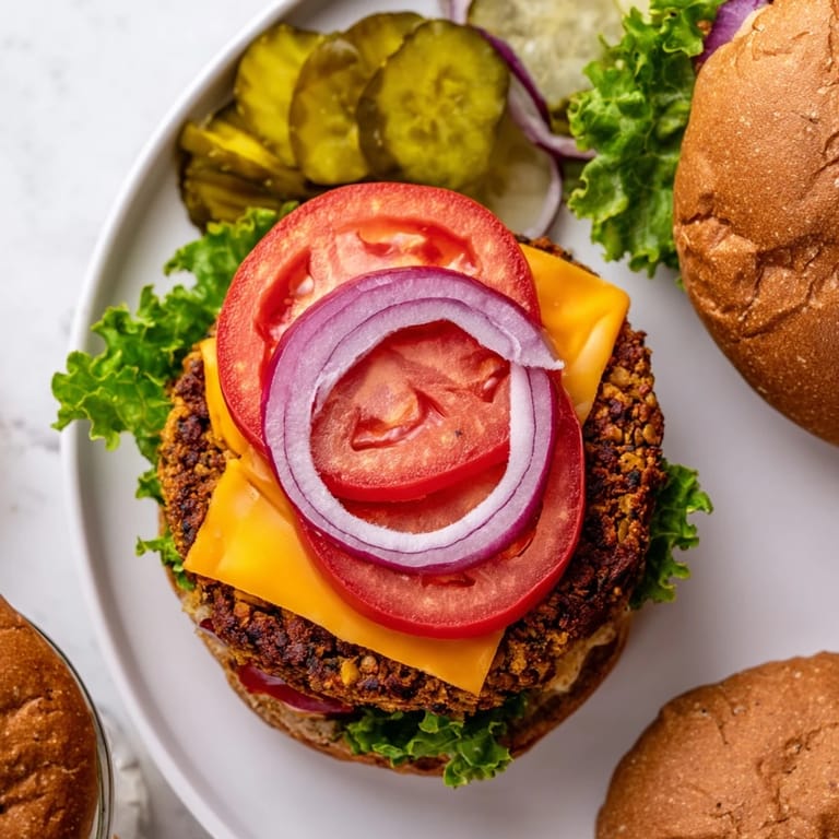 A close-up of a sliced veggie burger revealing a hearty chickpea and oat interior with layers of cheese and veggies.