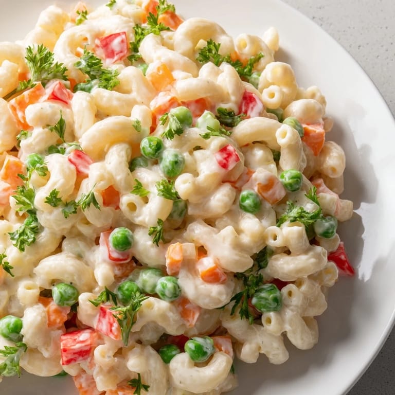 Chilled elbow macaroni salad with crunchy vegetables and fresh parsley garnish, served in a rustic bowl.