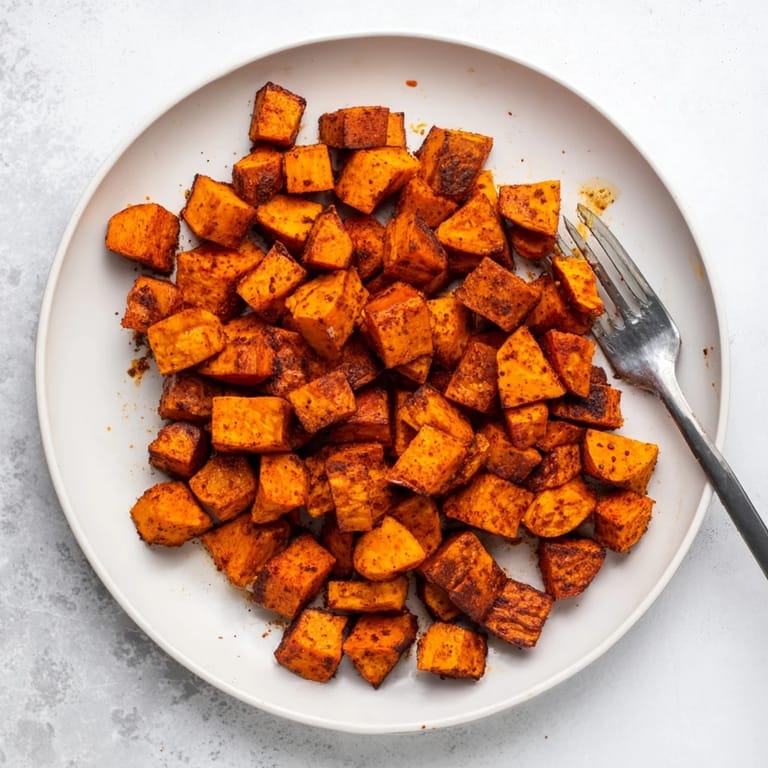 Roasted sweet potatoes on a baking sheet, caramelized cubes with smoked paprika and garlic.