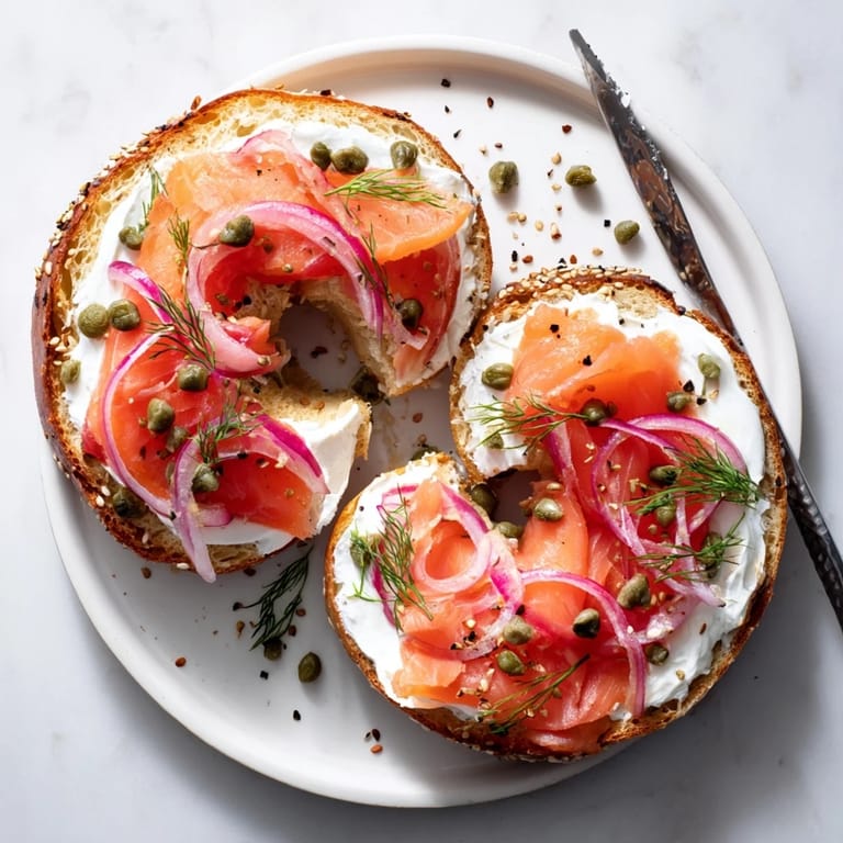 Golden brown bagel halves topped with cream cheese and smoked salmon, served on a rustic wooden board.