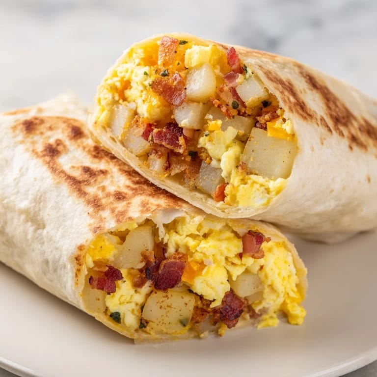 Sliced open, this hearty Breakfast Burrito reveals a delicious filling of scrambled eggs, potatoes, cheese, and sausage, ready to eat.