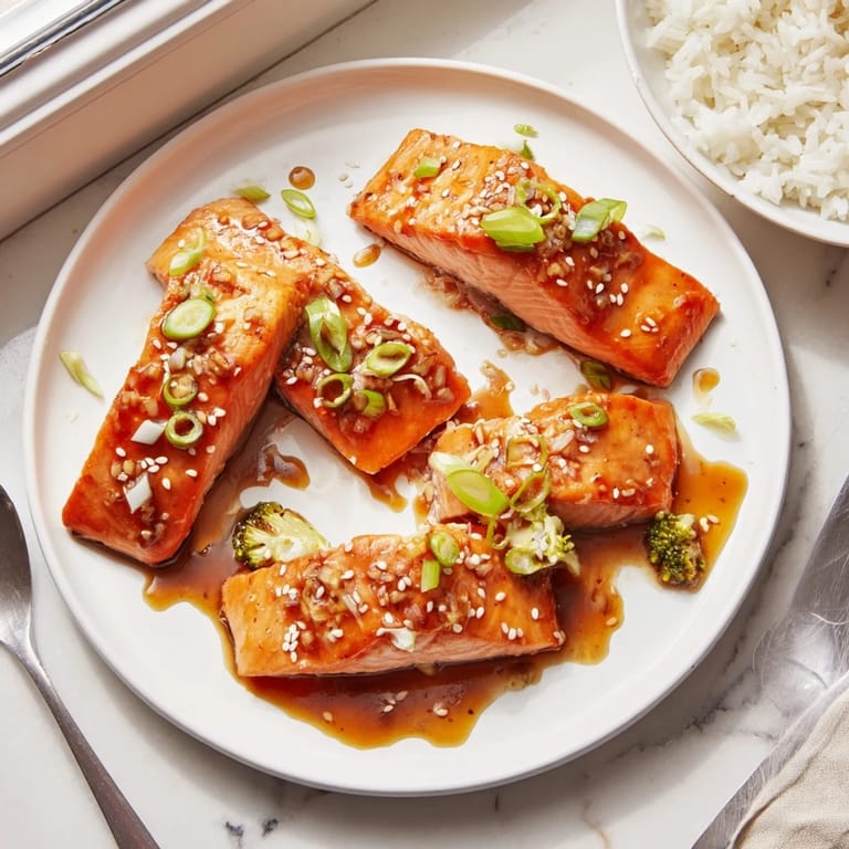 Close-up of Honey Garlic Salmon fillets showing a crisp sear and thick, sticky honey garlic glaze, ready to serve for dinner.