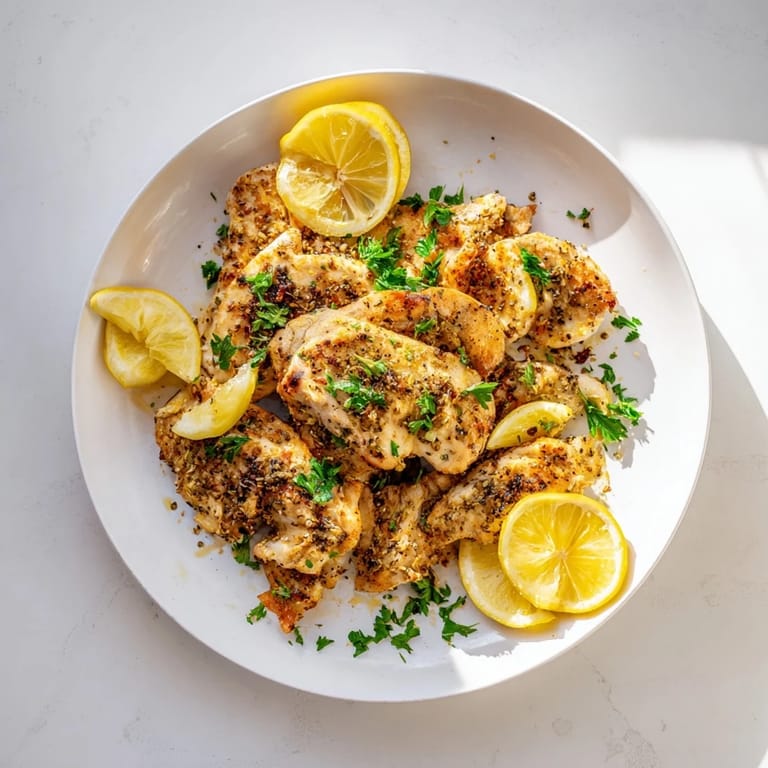 Sizzling Lemon Pepper Chicken breasts just out of the oven, showing rich seasoning and juicy textures on a rustic board.