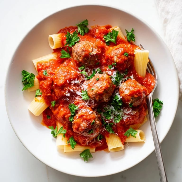 Juicy turkey meatballs rest atop a steaming bowl of marinara-coated pasta, garnished with fresh parsley and grated Parmesan for an easy weeknight family meal.