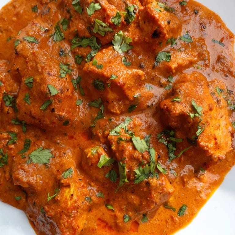 Close-up of homemade Chicken Tikka Masala garnished with cilantro, revealing tender chicken in velvety orange sauce.