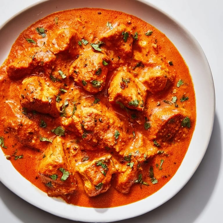 Freshly broiled Chicken Tikka Masala glistens with aromatic spices and rich tomato-cream sauce in a skillet.