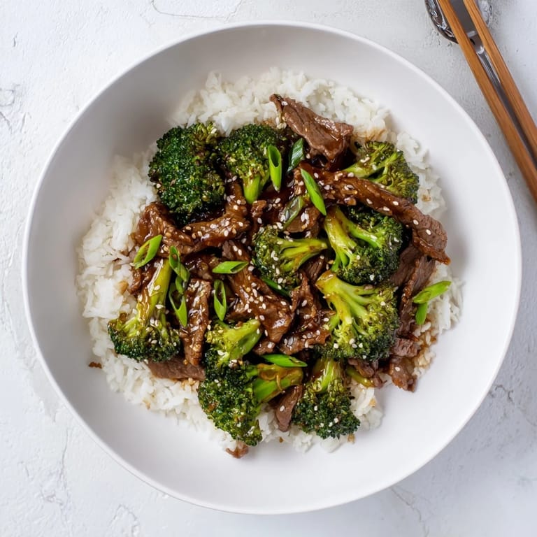 A close-up view of tender beef strips and crisp broccoli florets coated in a rich, savory stir-fry sauce.