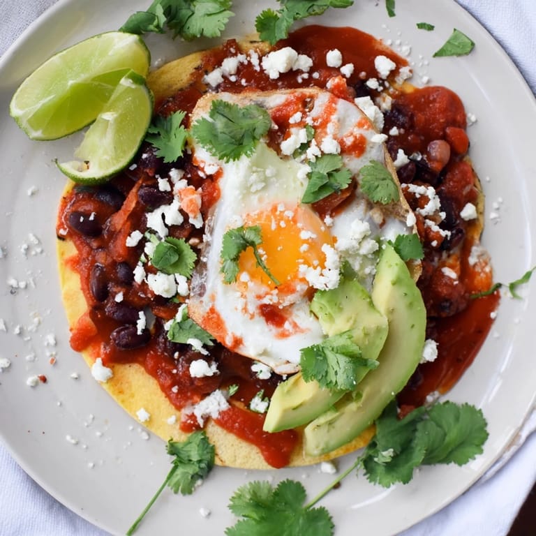 Classic Huevos Rancheros topped with black beans, avocado, and fresh cilantro.