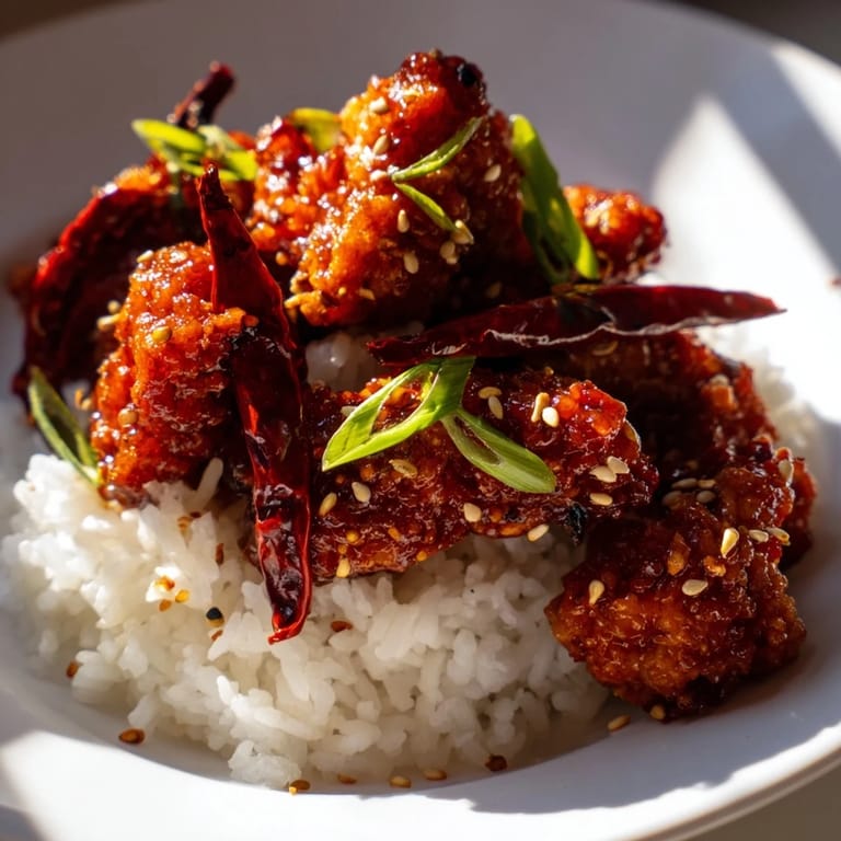 Forkful of saucy General Tsos Chicken above a bowl of fluffy rice, with dried chilies for heat and sesame garnish.