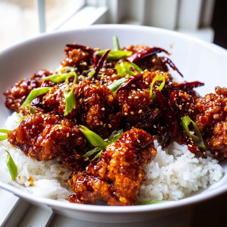 Golden General Tsos Chicken tossed in a sweet, tangy sauce, served over steamed rice and sprinkled with fresh scallions.