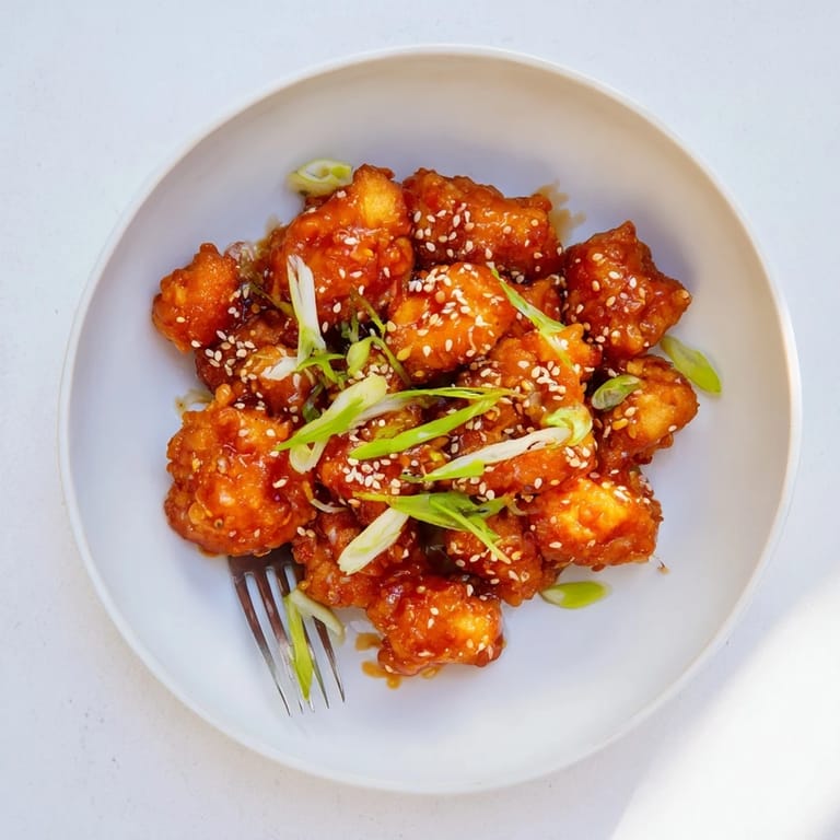 A white bowl holds saucy Orange Chicken, garnished with scallions alongside a pair of chopsticks.
