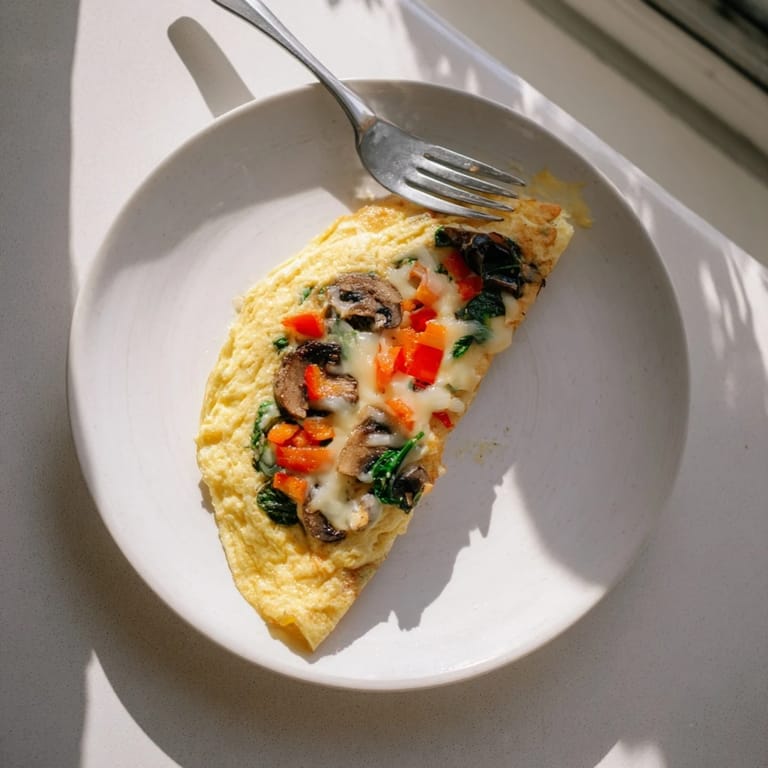 Savory Omelet with Cheese served alongside sliced tomatoes and crusty artisan bread for breakfast.