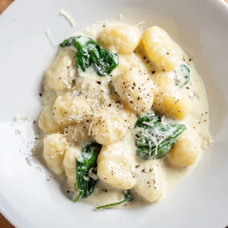 Tender potato gnocchi tossed in velvety garlic cream, topped with fresh spinach and grated Parmesan.