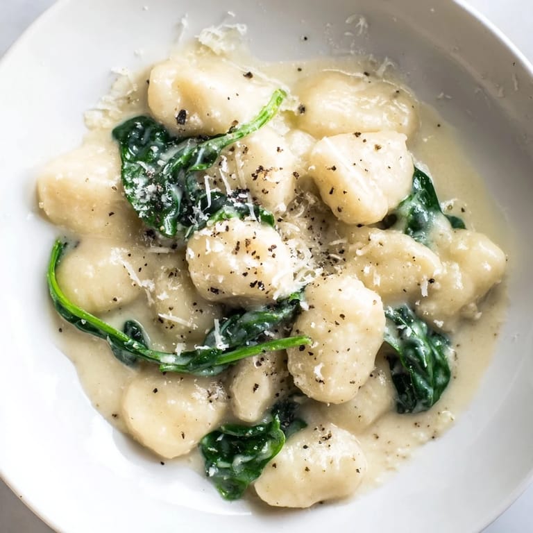 Homemade Creamy Garlic Gnocchi with golden edges, surrounded by fresh greens and creamy sauce swirls.
